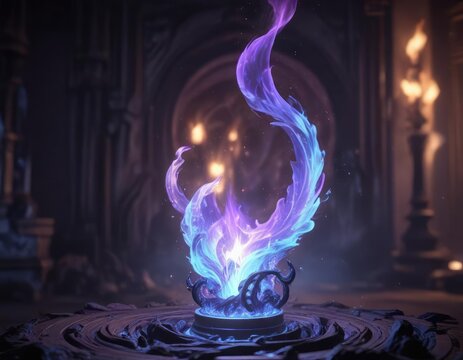A mystical aura surrounds a swirling purple and blue flame that seems to emanate an otherworldly power and mystique , aura, magical