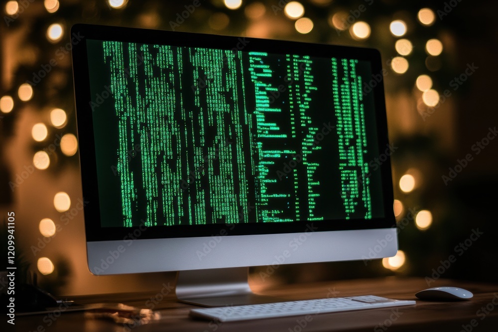 Poster a computer screen in a dark room with glowing lights