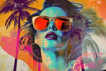 Colorful tropical portrait of a young woman in sunglasses posing in summer near the sea with pastel colors background