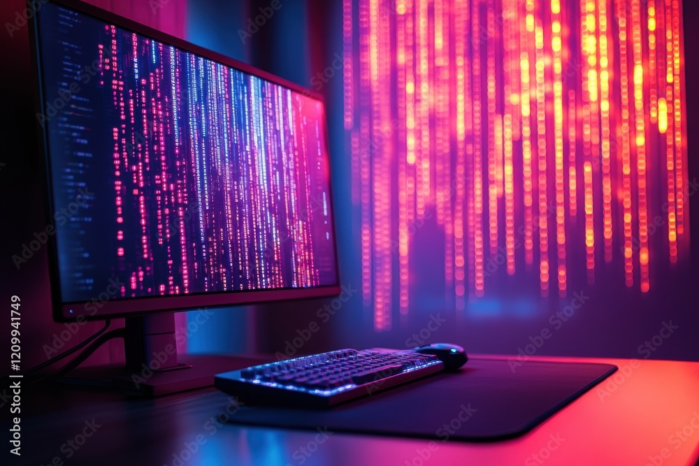 Fototapete A computer setup with a monitor and keyboard in front of it