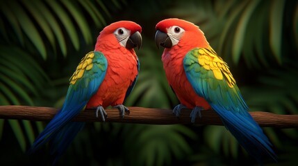 Obraz premium Parrot Pair in Tropical Paradise: A vibrant scarlet macaw pair perched on a branch in a lush tropical jungle.