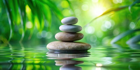 Obraz premium Serene Stacked Stones Reflecting in Calm Water, Surrounded by Lush Green Foliage