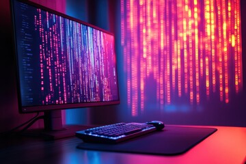 A computer setup with a monitor and keyboard in front of it