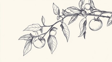 A simple line art of a tomato plant with small fruits and a few leaves, focusing on clean and minimalistic outlines.