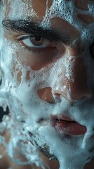 Obraz premium Close-up of a Man's Face Covered in Cleansing Foam
