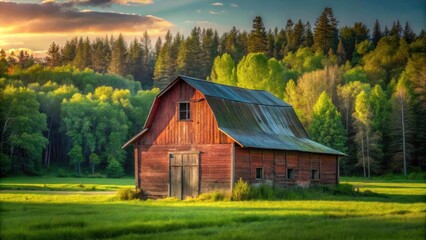 Rustic wooden barn in a sunlit field, surrounded by a lush green forest at sunset.