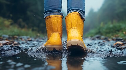 Yellow Boots in a Stream: A close-up shot of bright yellow rubber boots splashing through a shallow stream.  The focus is on the boots and the water, with a blurred background of a forest path.