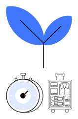 Blue leaf representing nature, stopwatch denoting time, and suitcase packed with essentials. Ideal for sustainability, eco-friendly travel, time management, eco-tourism, vacation prep, environmental