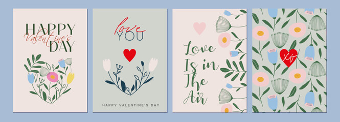 Happy Valentines Day cards set. Modern abstract art design with hearts and modern typography. Templates for celebration, ads, branding, banner, cover, label, poster, sales