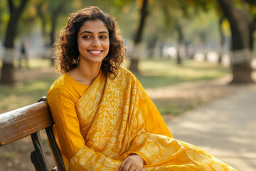 Portrait of a smiling Indian woman wearing yellow sari sitting in a park 