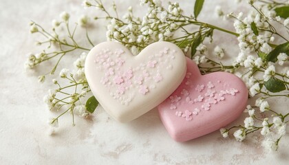 Obraz premium Delicate Pink and White Heart-Shaped Treats with Delicate White Flowers