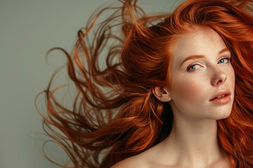 Naklejka premium Studio portrait of beautiful redhead model with long flowing hair showing movement and freckles