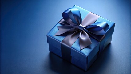 Obraz premium A luxuriously wrapped cobalt blue gift box with a satin ribbon bow sits on a matching surface