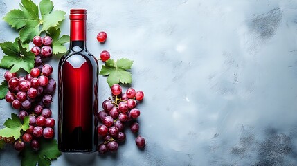 Obraz premium Red Wine & Grapes Still Life: A bottle of rich red wine rests alongside plump bunches of ripe grapes, their deep color and inviting texture setting the stage for an elegant and enticing still life.