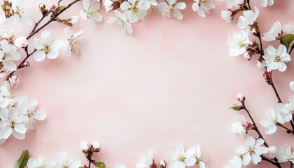 Fototapeta premium Delicate White Cherry Blossoms Frame on Soft Pink Background. Spring Floral Border for Wedding Invitation or Greeting Card Design