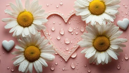 Obraz premium Delicate White Daisies and Pink Heart Waterdrops Romantic Floral Arrangement