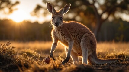 A kangaroo stands in a sunlit field, holding an apple, showcasing wildlife in nature.