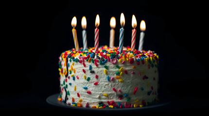 A colorful birthday cake with candles. isolated on white background