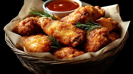 Crispy Fried Chicken Wings: A basket overflowing with golden-brown, crispy fried chicken wings, glistening with a savory glaze and adorned with fresh rosemary sprigs.