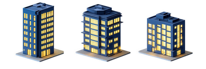 three stylized. modern building models. each with unique architectural designs and illuminated windows. suggesting a focus on urban development or real estate the varying heights and styles indicate a