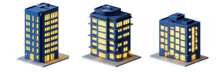 three stylized. modern building models. each with unique architectural designs and illuminated windows. suggesting a focus on urban development or real estate the varying heights and styles indicate a