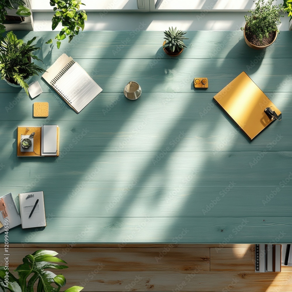 Poster A workplace with a wooden floor and various objects on the desk