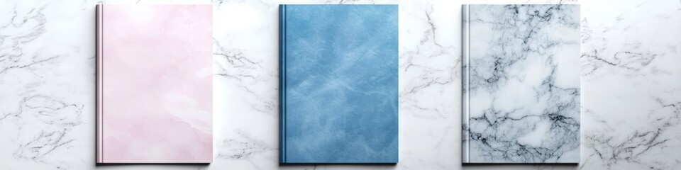 Trifold brochure mock up isolated on white marble background. Trifold brochure mock up rendered with three different variations. 3D illustration., Generative AI