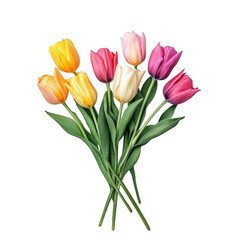 Naklejka premium vibrant arrangement of tulips in various colors. including yellow. pink. white. and orange. set against a clean white background the flowers are elegantly displayed. showcasing their natural beauty an