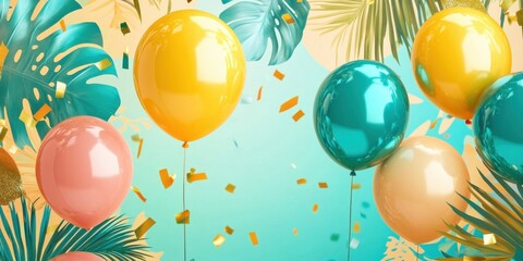 Festive celebration with colorful balloons and tropical leaves background