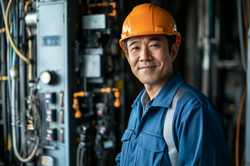 Focused Electrician in Hard Hat Working with Wiring in Industrial Setting, Generative AI