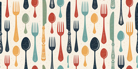 Fork, Knife, and Spoon Icons in a Seamless Pattern Design