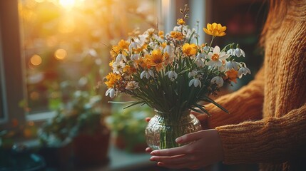 Woman holds spring flowers, warm sunny glow. Perfect for home decor, lifestyle blogs, and seasonal greetings. Bringing nature indoors with love. Bright, cheerful, and inviting.