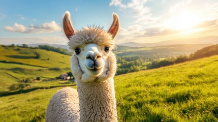 Fototapeta premium Charming Alpaca in Lush Green Field at Sunrise