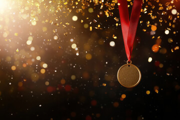 Gold medal with red ribbon amidst sparkling golden confetti background