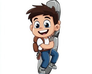 Obraz premium Cheerful Cartoon Boy Climbing Rock with Joyful Expression