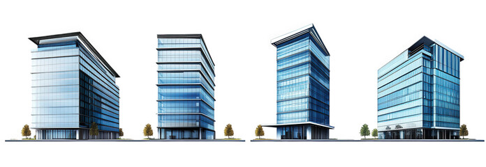 a series of four modern office buildings. each with a sleek glass facade and contemporary architectural design the buildings vary slightly in height and structure. emphasizing a modern business enviro