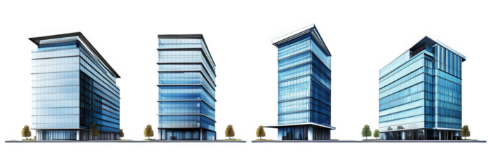 a series of four modern office buildings. each with a sleek glass facade and contemporary architectural design the buildings vary slightly in height and structure. emphasizing a modern business enviro
