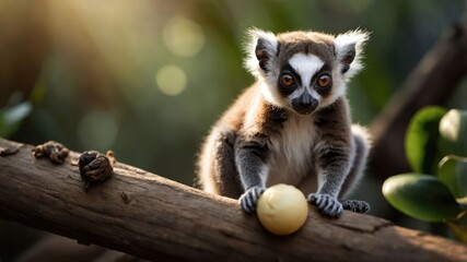 Obraz premium A playful lemur sits on a branch, curiously holding a small fruit.