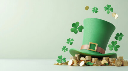 A green hat with a shamrock on it is surrounded by gold coins