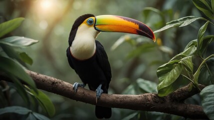 Fototapeta premium A vibrant toucan perched on a branch amidst lush greenery in a tropical environment.