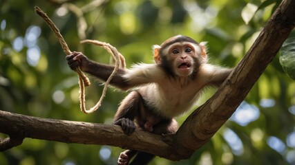 Fototapeta premium A playful monkey hanging on a branch, holding a piece of rope in a lush green environment.
