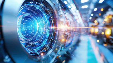 Fototapeta premium Futuristic nuclear reactor glowing with vibrant energy, surrounded by advanced technology and emitting radiant blue light