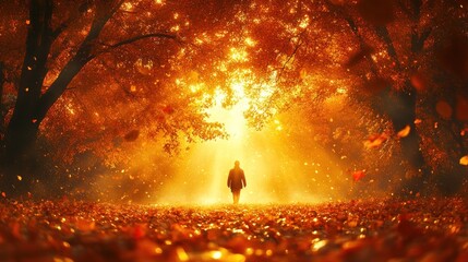 Man walks autumn forest path, sunset glow