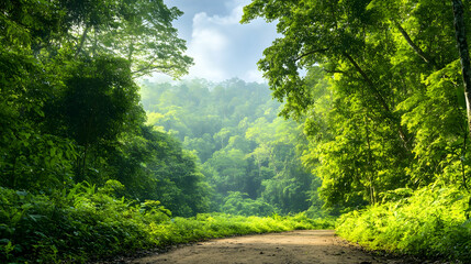 Ein Spaziergang durch einen wunderschönen Urwald in Bali, Indonesien. Ein kleiner brauner Weg führt durch den dicht bewachsenene, grünen Dschungel in Südostasien