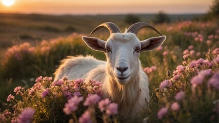 Fototapeta premium A goat surrounded by blooming flowers at sunset in a serene landscape.