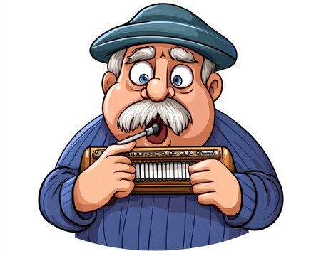 Cartoon Man Playing Mouth Harp in Blue Sweater and Hat