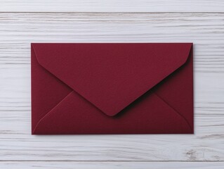 A burgundy-colored envelope with a long, horizontal shape and a slanted opening, folded in half to show the glossy interior