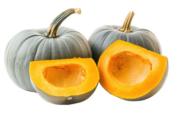 two whole pumpkins. one cut in half to reveal its vibrant orange flesh and seeds. showcasing their texture and color this visual highlights the seasonal appeal of pumpkins. often associated with autum