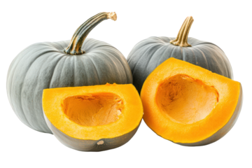 two whole pumpkins. one cut in half to reveal its vibrant orange flesh and seeds. showcasing their texture and color this visual highlights the seasonal appeal of pumpkins. often associated with autum
