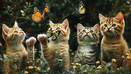 Kitten's Butterfly Chase: Four adorable ginger and tabby kittens playfully watch and bat at butterflies fluttering around them in a vibrant garden setting. - Powered by Adobe